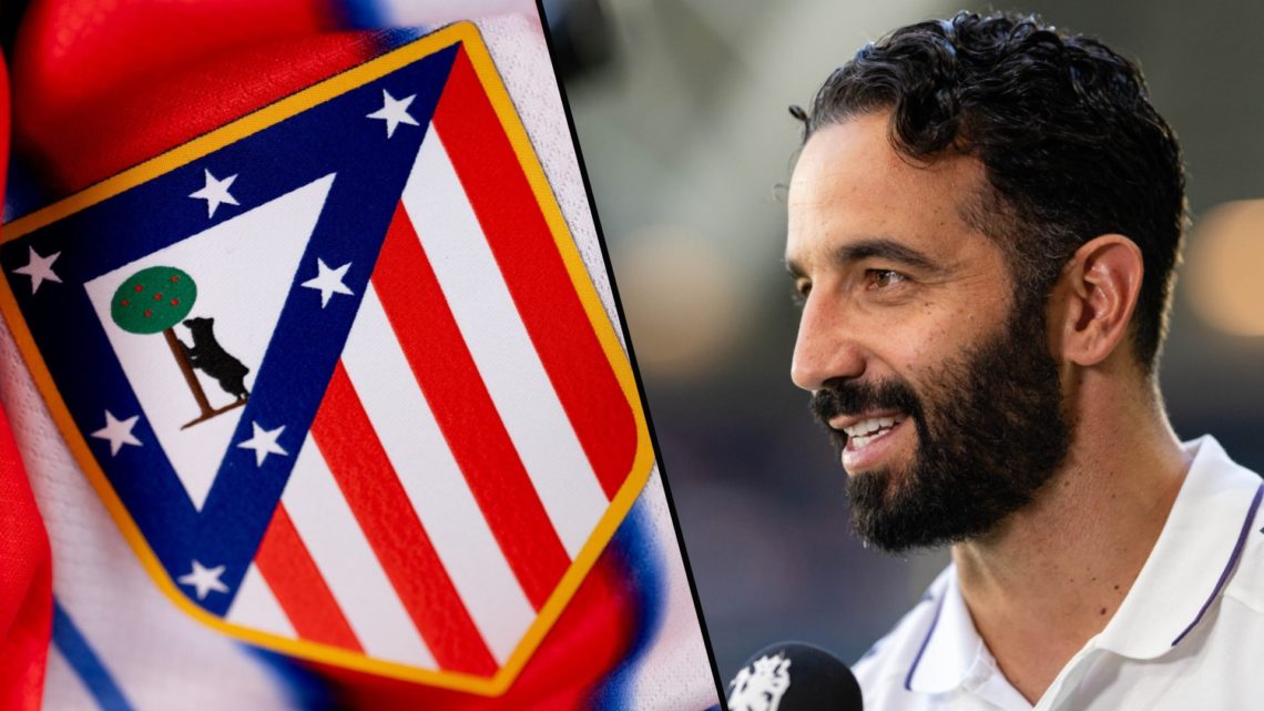 Manchester United manager Ruben Amorim ahead of the Leeds United match, inset a photo of the Atletico Madrid club crest.