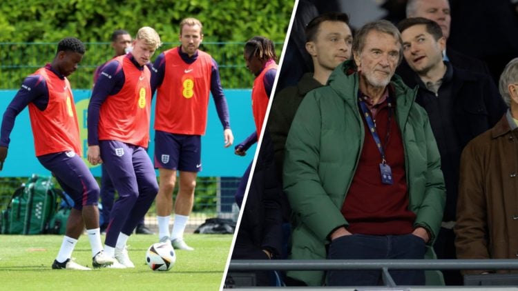 Split image of Everton defender Jarrad Branthwaite training and Manchester United co-owner Sir Jim Ratcliffe.