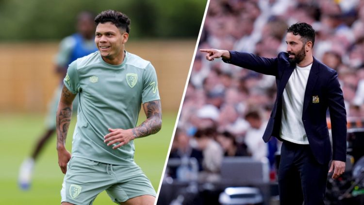 Split image of Bournemouth striker Evanilson in pre-season training, and Manchester United head coach Ruben Amorim pointing.