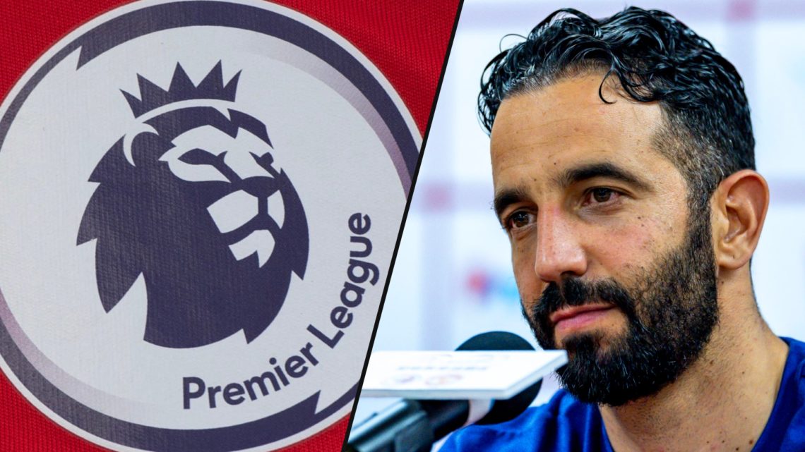 Manchester United manager Ruben Amorim talks to the media, inset a photo of the Premier League logo.