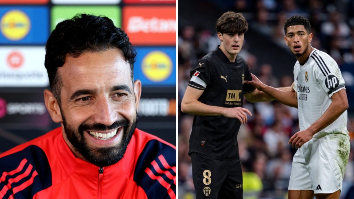 Split image of Manchester United head coach Ruben Amorim and Valencia midfielder Javi Guerra.