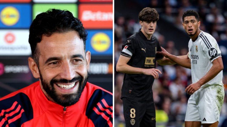 Split image of Manchester United head coach Ruben Amorim and Valencia midfielder Javi Guerra.