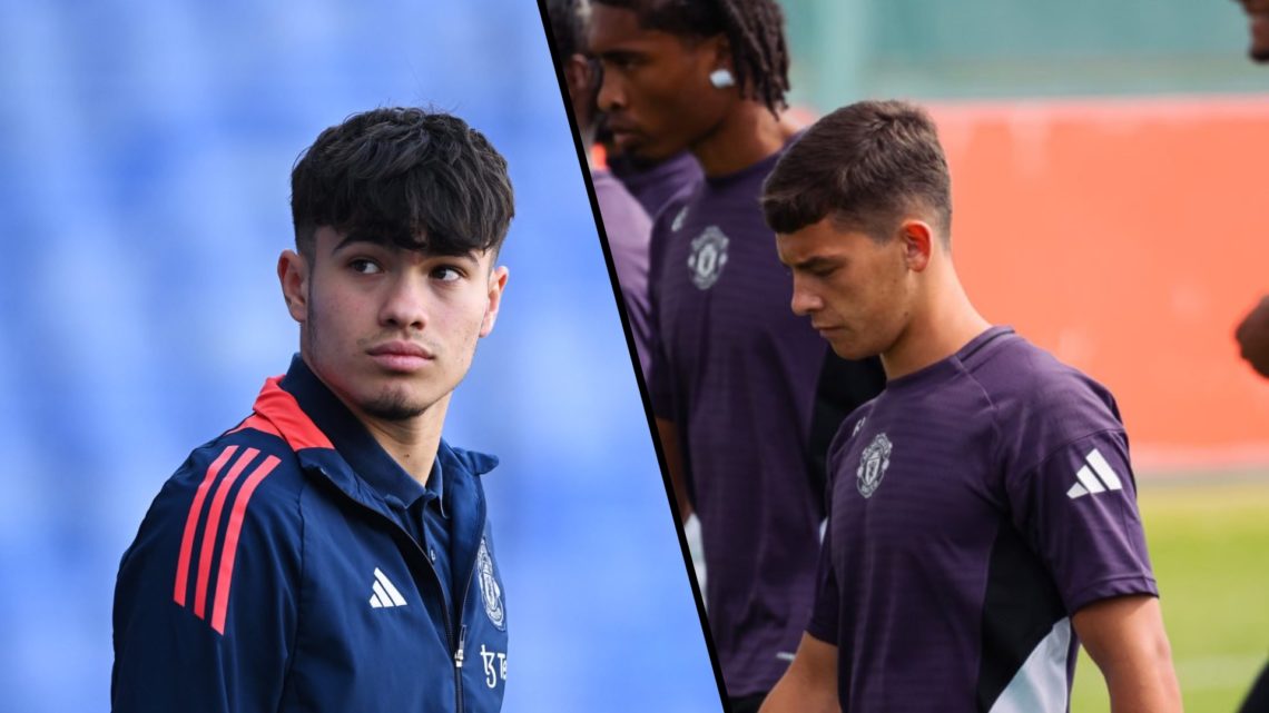 Split image, Gabriele Biancheri in Manchester United tracksuit looking around and Shea Lacey looking at the ground walking with teammates at Carrin...