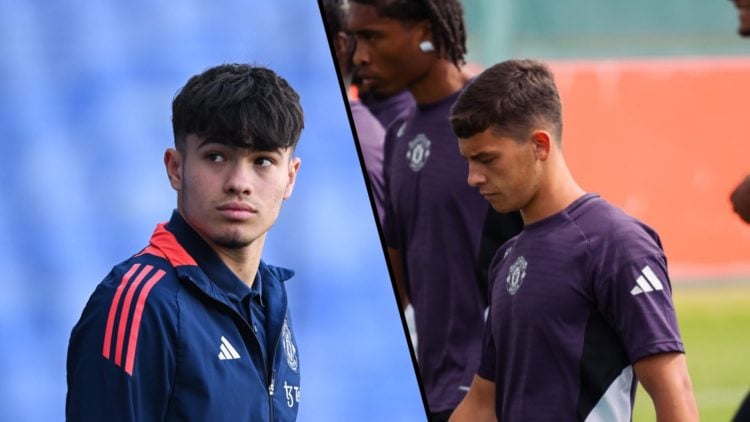 Split image, Gabriele Biancheri in Manchester United tracksuit looking around and Shea Lacey looking at the ground walking with teammates at Carrin...