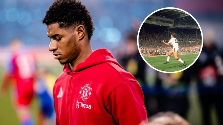 Manchester United forward Marcus Rashford walks out before kick-off, inset of Mark Hughes.