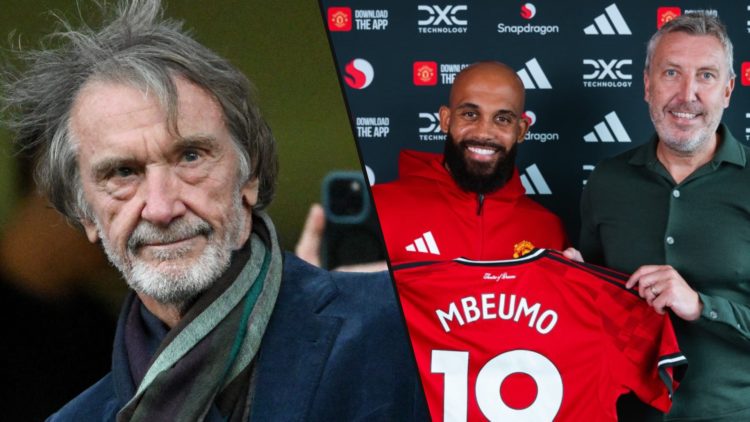 Former Brentford star Bryan Mbeumo poses with Manchester United director of football Jason Wilcox, inset Ineos chief Sir Jim Ratcliffe.