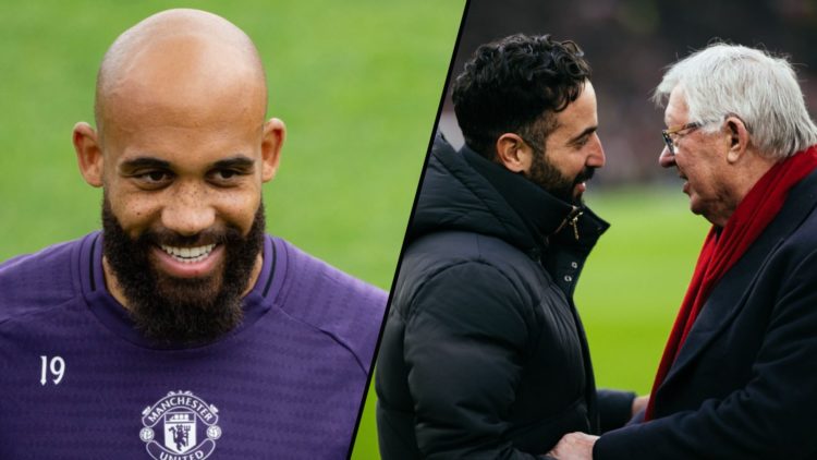 Former Brentford star Bryan Mbeumo in training, inset a photo of Manchester United manager Ruben Amorim and Sir Alex Ferguson.