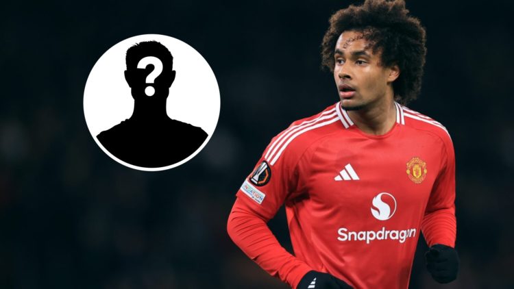 Manchester United striker Joshua Zirkzee in action. Inset, a mystery player icon.