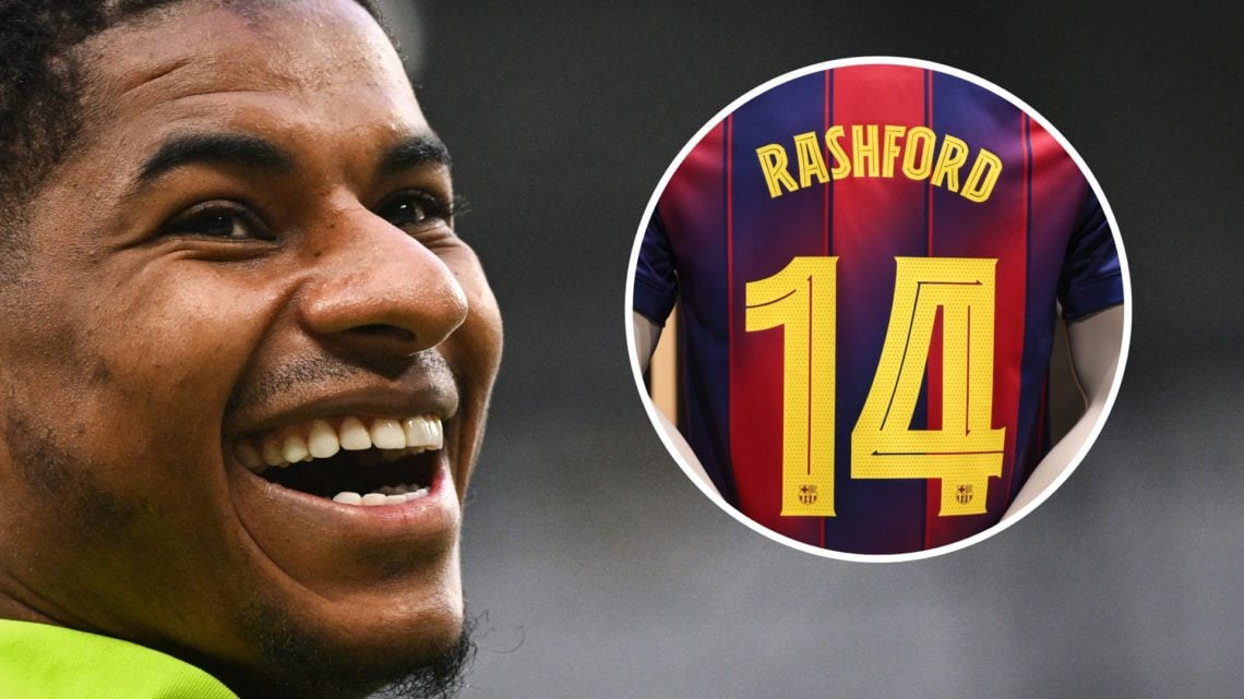 Marcus Rashford laughing, inset of Rashford's new No.14 shirt at Barcelona.