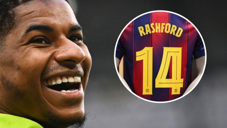 Marcus Rashford laughing, inset of Rashford's new No.14 shirt at Barcelona.