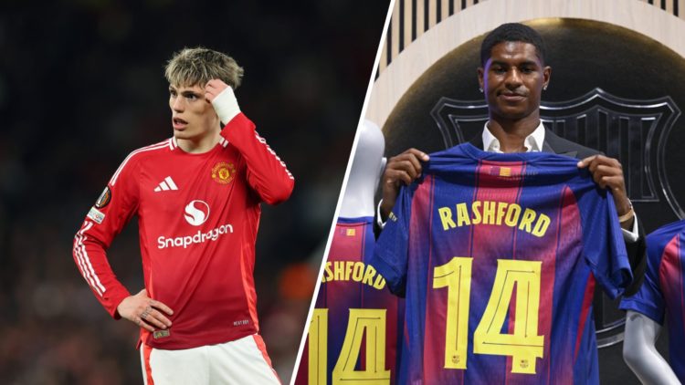 A split image of Manchester United winger Alejandro Garnacho (L) and new Barcelona signing Marcus Rashford (R)