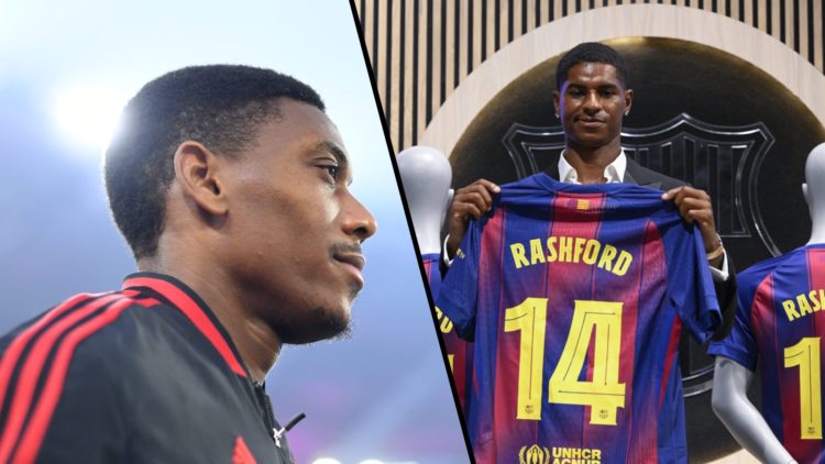 Split image, Anthony Martial facing to the left in Manchester United training jacket and Marcus Rashford holds up Barcelona jersey.