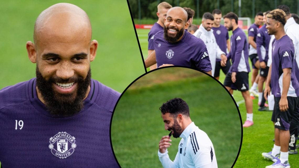Former Brentford player Bryan Mbeumo, inset a photo of the Manchester United signing in training, inset an overlay of Ruben Amorim.