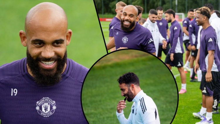 Former Brentford player Bryan Mbeumo, inset a photo of the Manchester United signing in training, inset an overlay of Ruben Amorim.