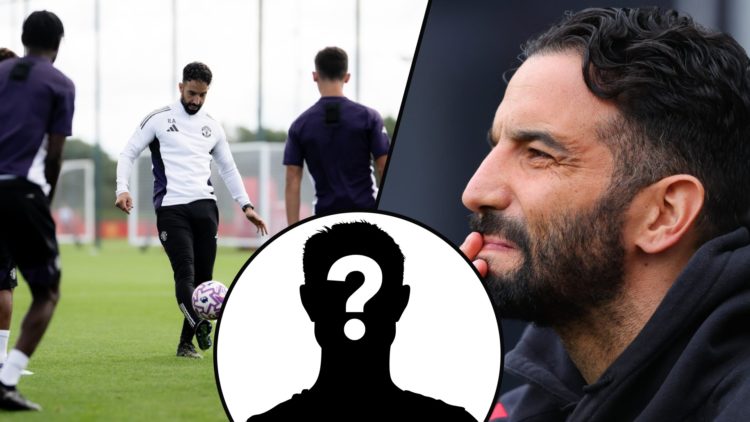 Manchester United manager Ruben Amorim during a Premier League match, inset a photo of the former Sporting CP boss in training.
