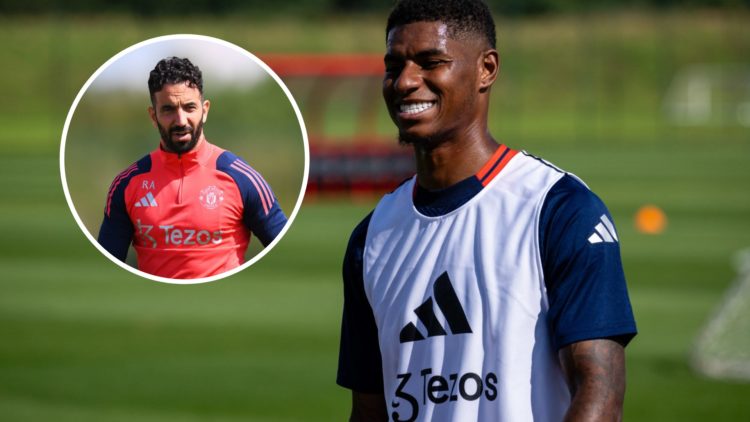 Manchester United forward Marcus Rashford in training, inset of head coach Ruben Amorim.