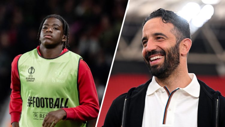 Split image, Godwill Kukonki warming up for Manchester United in Europa League and Ruben Amorim smiling during press event.