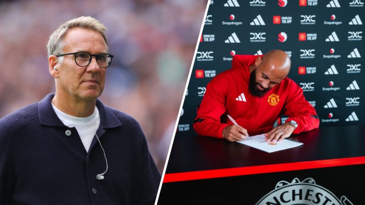 A split image of pundit Paul Merson (L) and Bryan Mbeumo signing his Manchester United contract (R)