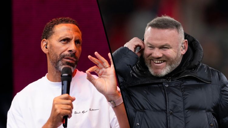 Split image, Rio Ferdinand speaks into microphone while making 'ok' hand gesture and Wayne Rooney laughing.