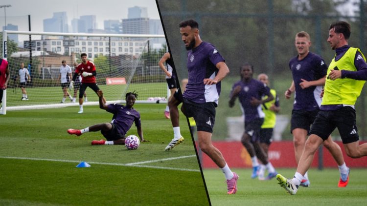 Noussair Mazraoui and Mason Mount in training at Carrington, inset a photo of Manchester United players.