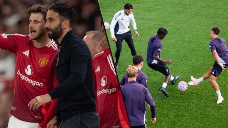Ruben Amorim and Mason Mount during a Europa League match, inset a photo of the Manchester United manager in training.