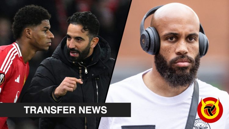 Brentford star Bryan Mbeumo before a match, inset a photo of Marcus Rashford with Manchester United manager Ruben Amorim.