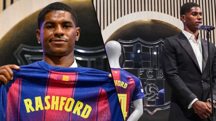 Marcus Rashford revealed as a Barcelona player after his transfer to the Camp Nou, inset a photo of the Manchester United loanee.
