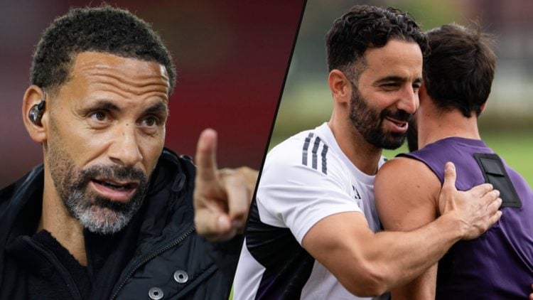 Former Manchester United and England player Rio Ferdinand as a TV pundit, inset Ruben Amorim with Bruno Fernandes in training.