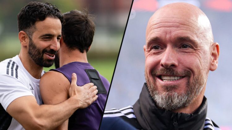 Erik ten Hag and Vitor Bruno ahead of a Europa League, inset Manchester United manager Ruben Amorim with Bruno Fernandes.