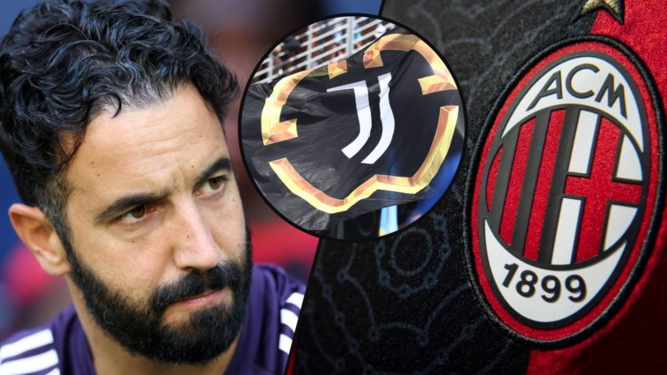 Manchester United manager Ruben Amorim ahead of the Leeds United match, inset the AC Milan logo, inset the Juventus logo.