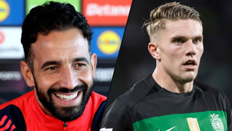 Manchester United manager Ruben Amorim speaks at the Carrington training complex, inset a photo of Sporting CP striker Viktor Gyokeres.