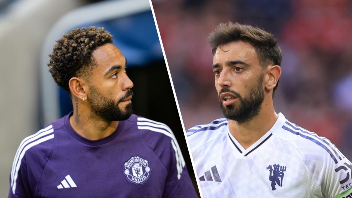 Split image, Matheus Cunha emerges from tunnel in training top and Bruno Fernandes in Manchester United away kit.