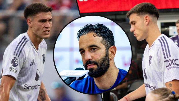 Manuel Ugarte ahead of a Premier League Summer Series match, inset the Manchester United midfielder vs West Ham, inset an overlay of Ruben Amorim.