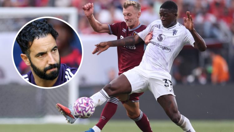 Manchester United midfielder Kobbie Mainoo in action vs West Ham, inset of head coach Ruben Amorim.