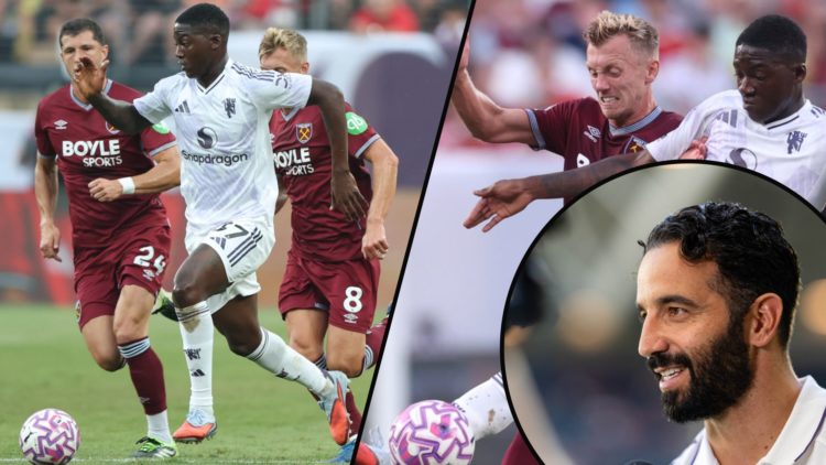 Kobbie Mainoo and James Ward-Prowse in the West Ham match, inset the Manchester United midfielder, inset an overlay of Ruben Amorim.