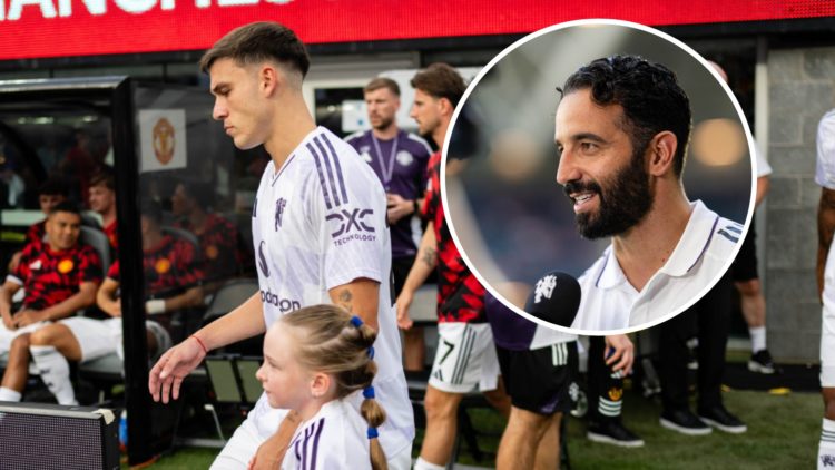 Manchester United midfielder Manuel Ugarte walks out in pre-season, inset of head coach Ruben Amorim.