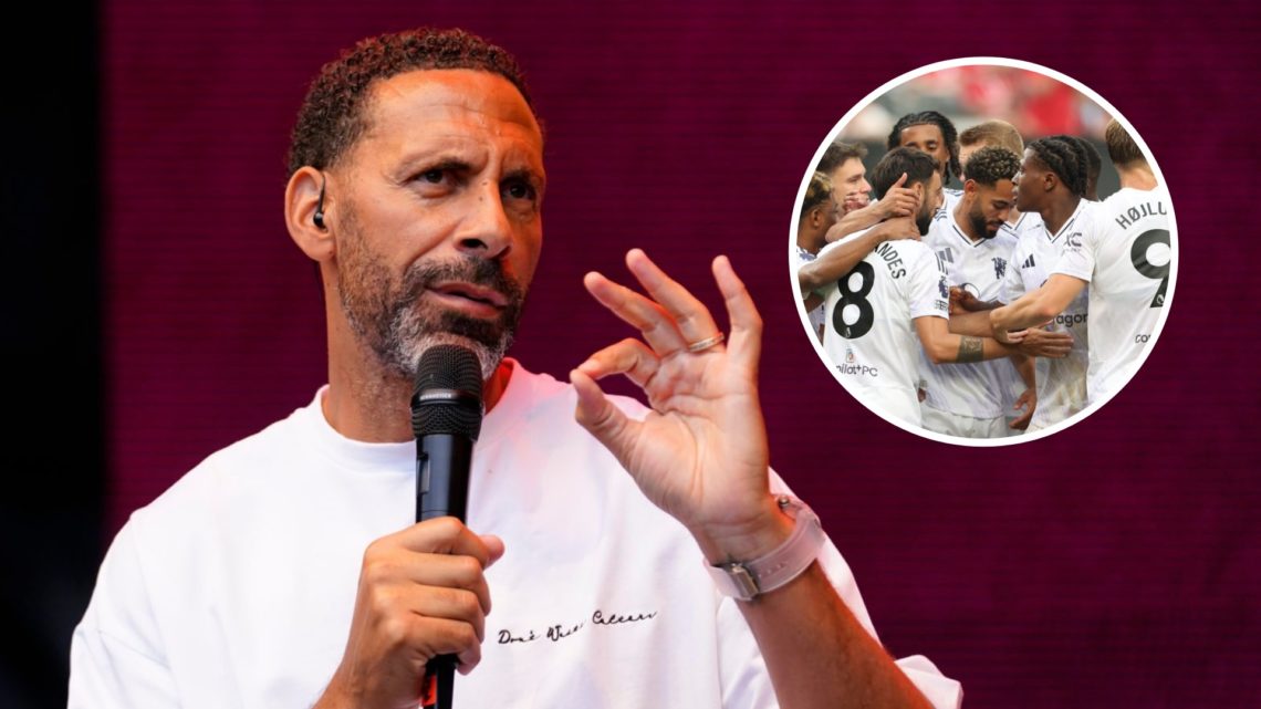 Manchester United legend Rio Ferdinand speaks into a microphone, inset of Manchester United players celebrating in pre-season.