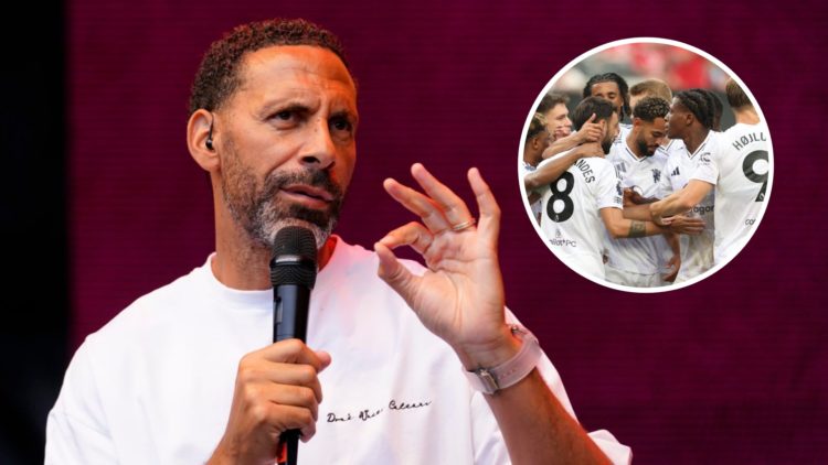 Manchester United legend Rio Ferdinand speaks into a microphone, inset of Manchester United players celebrating in pre-season.