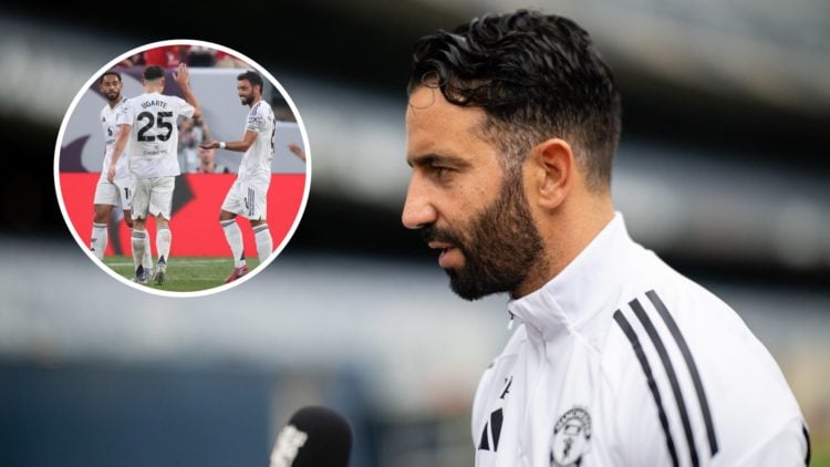 Manchester United head coach Ruben Amorim being intervieed, inset of players celebrating vs West Ham.