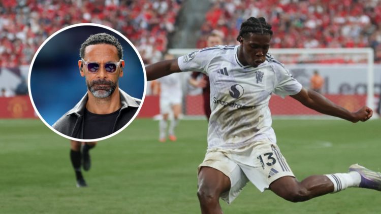 Manchester United wing-back Patrick Dorgu in pre-season action, inset of legend Rio Ferdinand.