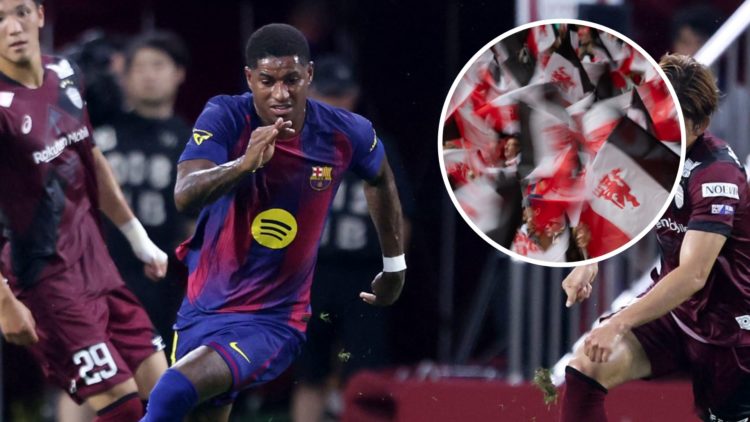 Manchester United loanee Marcus Rashford during his Barcelona debut, inset of United fans waving flags.