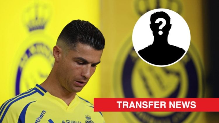 Al-Nassr striker Cristiano Ronaldo. Inset, a mystery player icon and a red banner with 'transfer news' in white text.