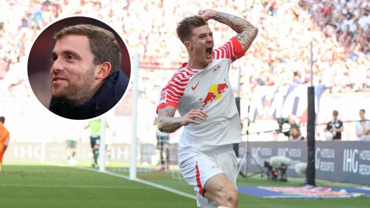 RB Leipzig forward Benjamin Sesko celebrates, inset of transfer expert Fabrizio Romano.