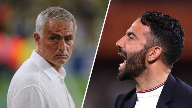 A split image of Fenerbahce manager Jose Mourinho (L) and Manchester United manager Ruben Amorim (R)