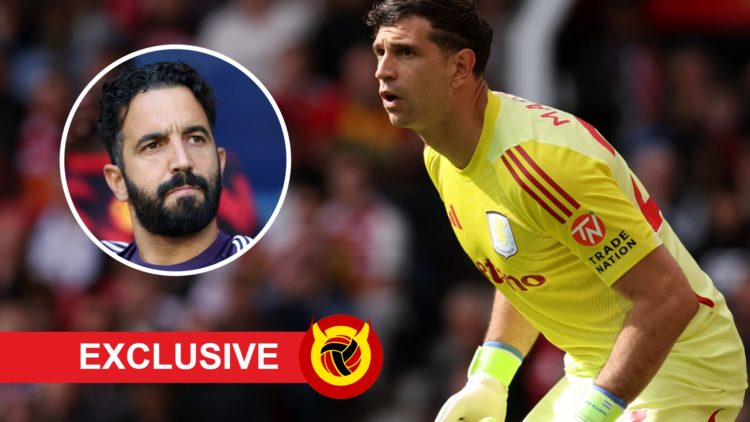 Aston Villa goalkeeper Emiliano Martinez at Old Trafford, inset of Manchester United head coach Ruben Amorim.