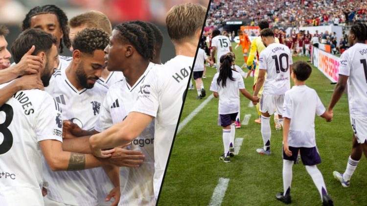 Manchester United captain Bruno Fernandes celebrates with his teammates, inset a photo from the pre-season friendly match vs West Ham.