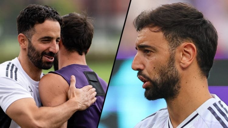 Ruben Amorim and Bruno Fernandes in action during a first-team Manchester United training session, inset a photo of the Manchester United captain.