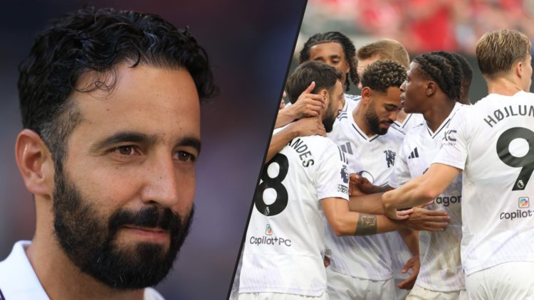 Ruben Amorim manager during the pre-season friendly match vs Leeds United, inset an image of Manchester United players vs West Ham.