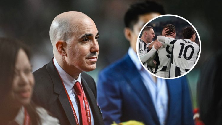 Manchester United CEO Omar Berrada, inset of Juventus forward Dusan Vlahovic celebrating.