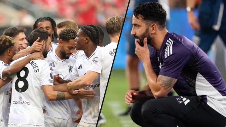 Manchester United captain Bruno Fernandes celebrates with his teammates, inset a photo of Ruben Amorim from the West Ham match.
